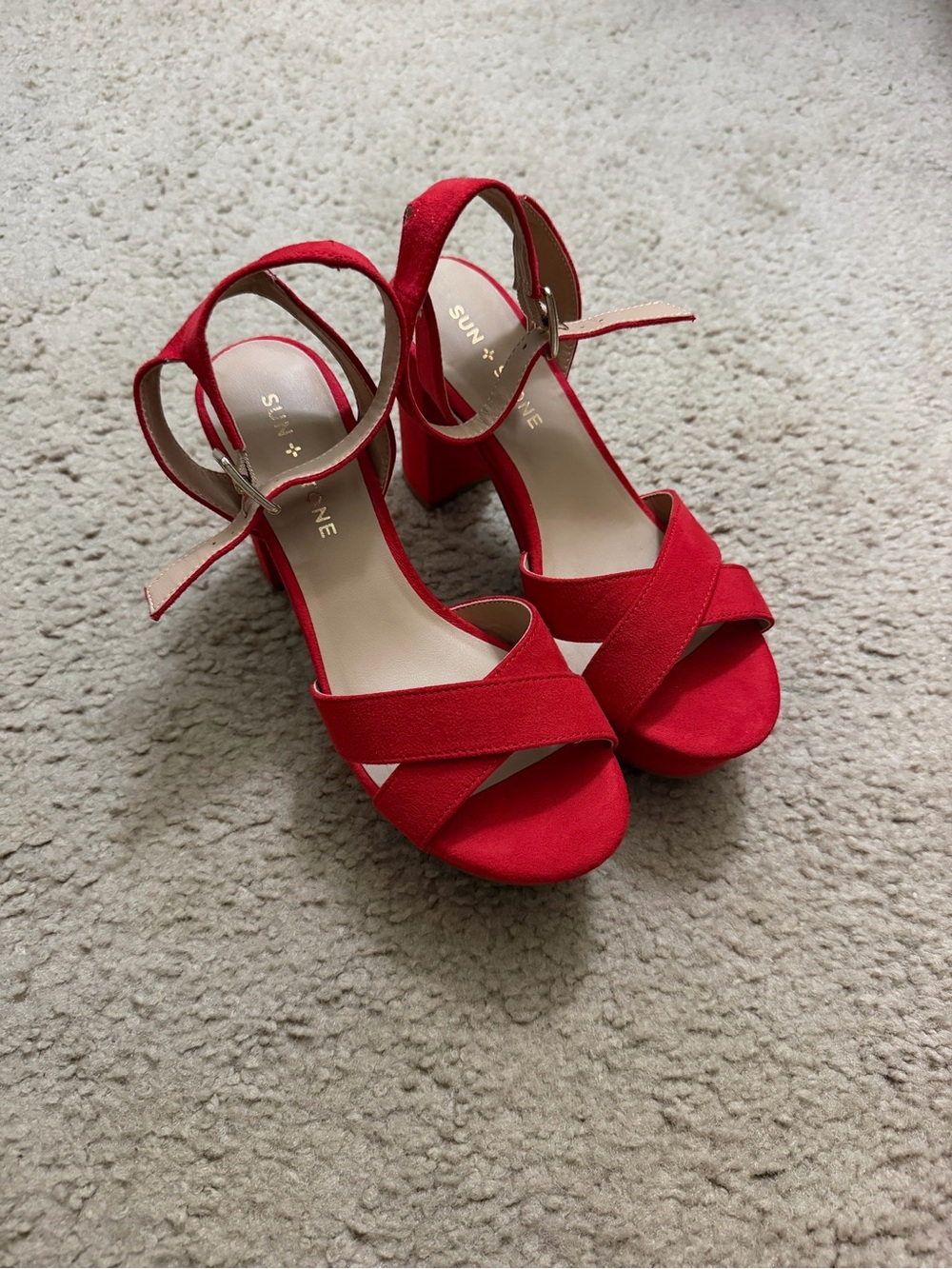 Sun + Stone Red Crisscross Block Heel Sandals